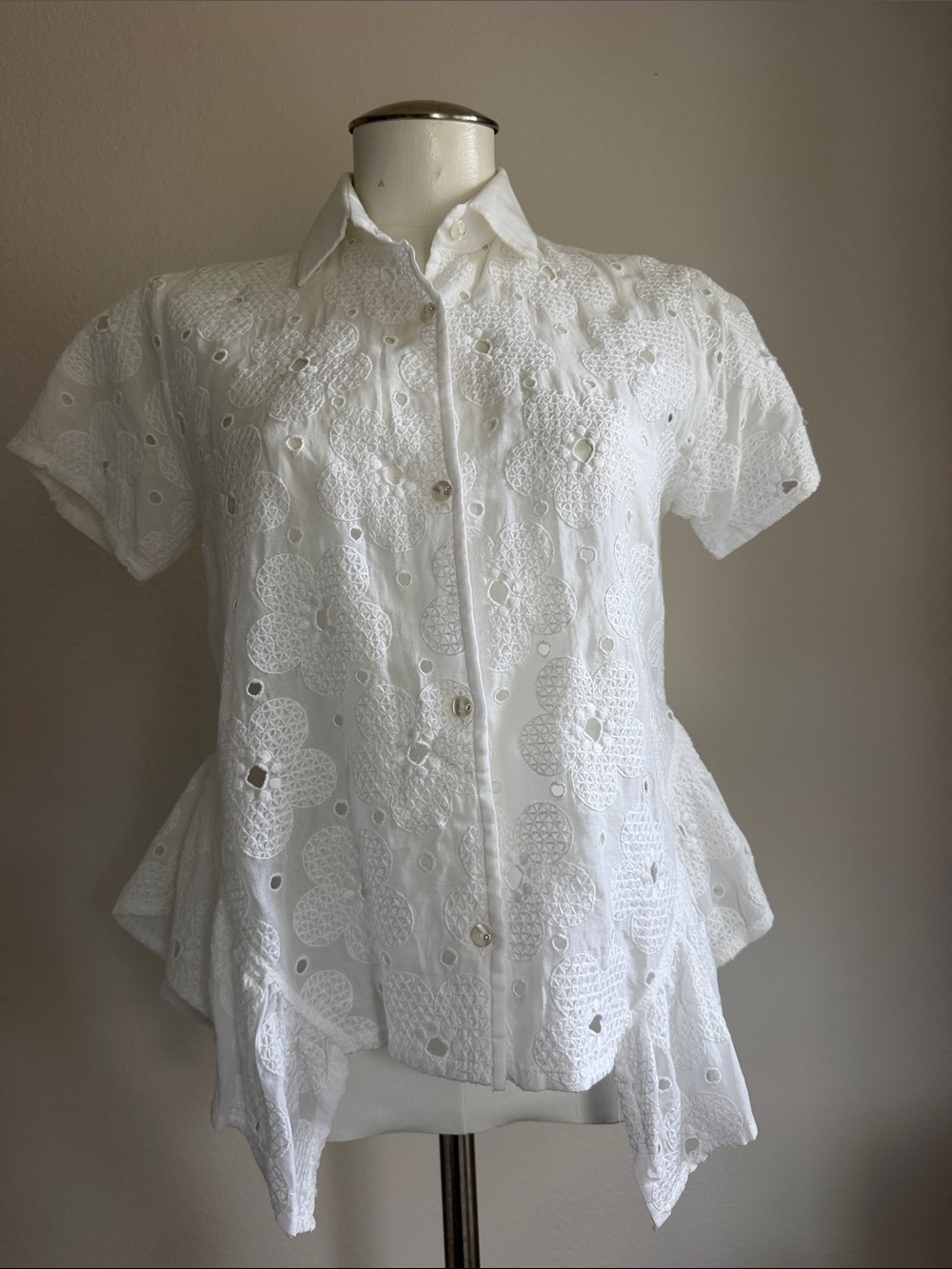 White Eyelet Button-Up Peplum Top Sz S Made in Italy